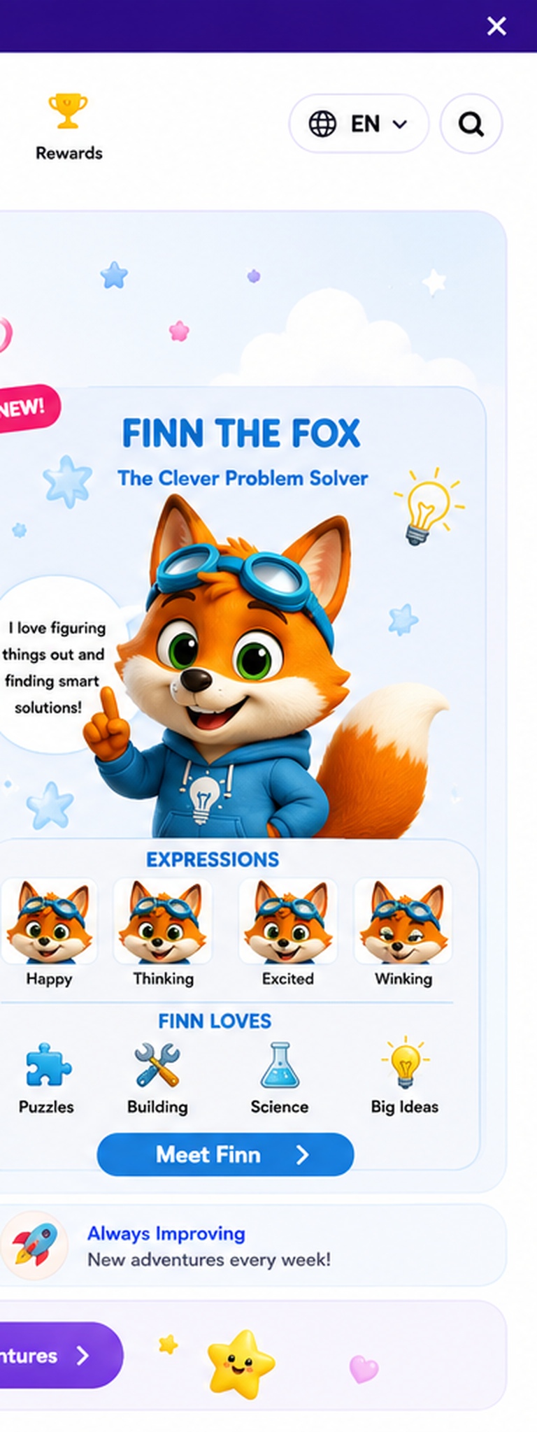 Finn the Fox full character showcase with expressions and activities