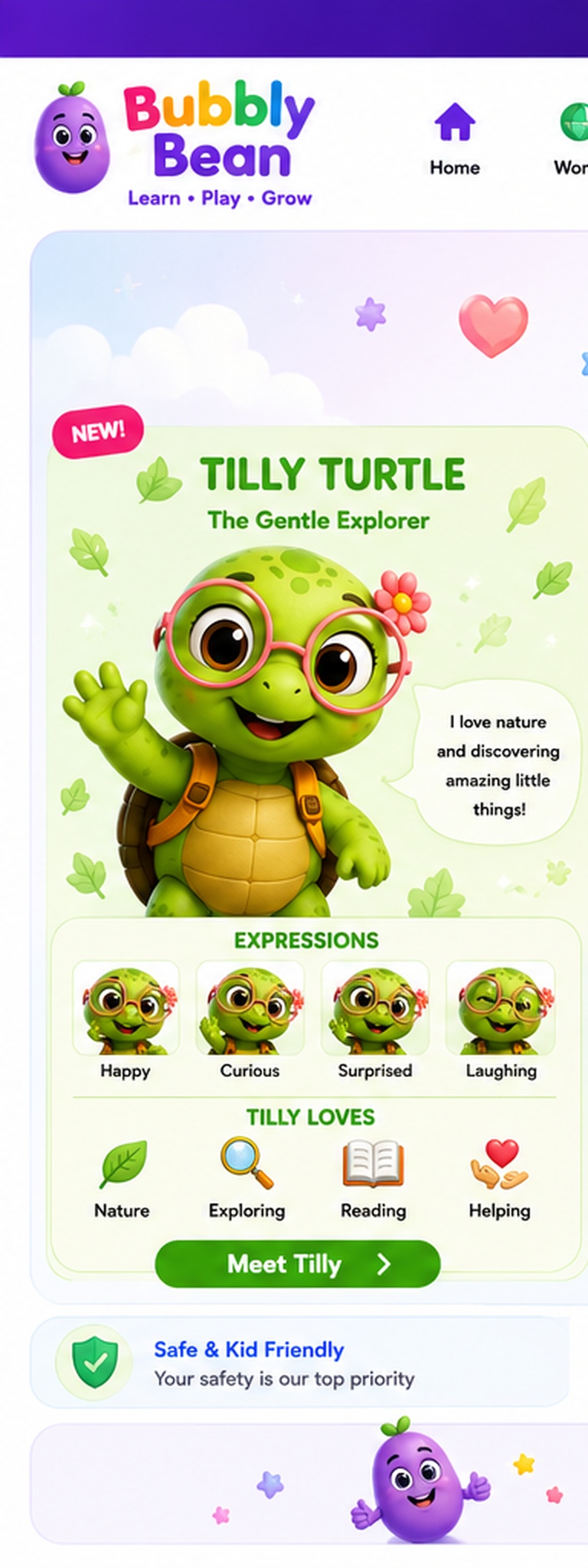 Full Tilly Turtle character guide showing character artwork, expressions, personality and activities